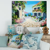 Designart 'Virágzó virágok fehér házakkal a tenger közelében' Tengeri és tengerparti vászon fali művészet