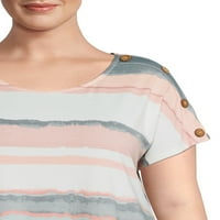 Tru self Women's Plus Size Stripe Dolman póló gomb vállakkal