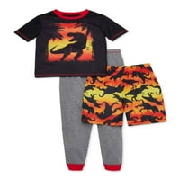 Komar Kids Boys 4- 'Sunset T-Rex' rövid ujjú, hosszú nadrág rövidnadrággal, 3 darabos pizsamával