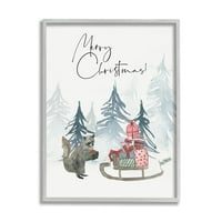 A Stupell Indperries boldog karácsonyi kifejezés imádnivaló Racoon Forest Jelenlegi szán, 30, Lucille tervezése