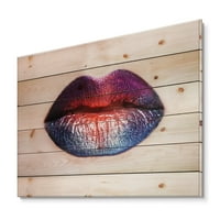 Designart 'Női ajkak fényes, többszínű rúzsmal' Modern nyomtatás természetes fenyőfán
