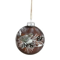 Barna higany üveggömb karácsonyi dísz madár- és fenyőtobozokkal 3,25
